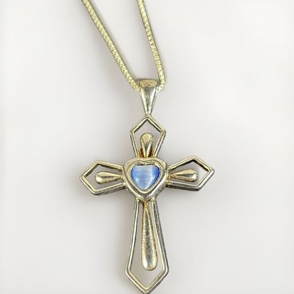 Sterling Silver FACETED STONE CROSS w Center Stone Pendant 925 MO & Necklace VTG - Picture 1 of 14